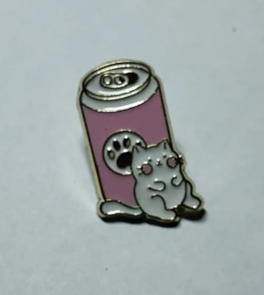 Cute Cat & Soda Can Pin Kitty Lapel Hat Brooch